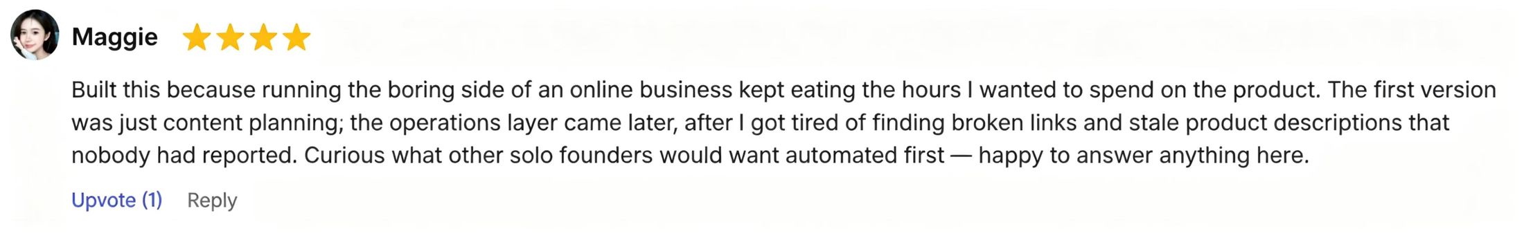 Product Hunt comment by Maggie